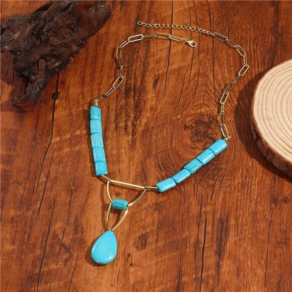 Chunky Turquoise and Gold Geometric Pendant Necklace Bohemian Western - Picture 4 of 4